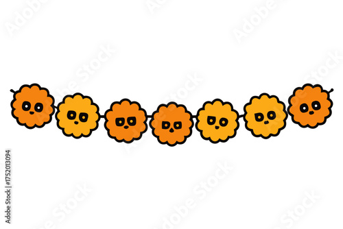Marigold Flower Garland Vector, Cempasúchil Floral Decoration for Día de los Muertos Celebration isolated on white background