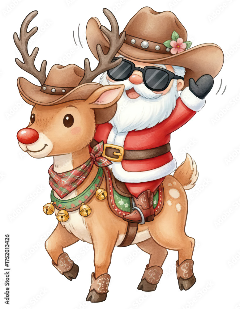 Fototapeta premium Cowboy santa western christmas Santa Claus in cowboy outfit riding reindeer wearing hat and sunglasses joyful holiday scene