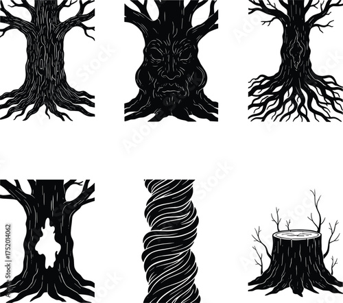 Tree trunk silhouette vector set, twisted bark, hollow stump, sprawling roots, broken branches, botanical clipart, black illustration, nature shape, forest element pack