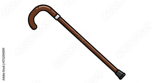 Classic wooden walking stick with curved handle and rubber tip for mobility and support