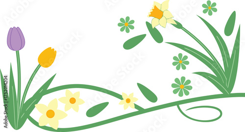 Delicate spring floral arrangement with tulips and daffodils in pastel colors, perfect for Easter cards and springtime celebrations designs