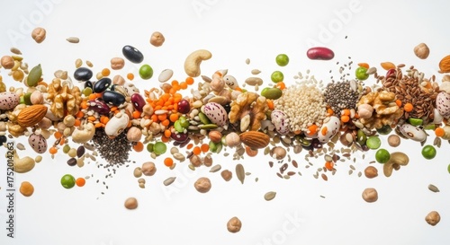 Mix of healthy grains, seeds, and legumes isolated on white background
