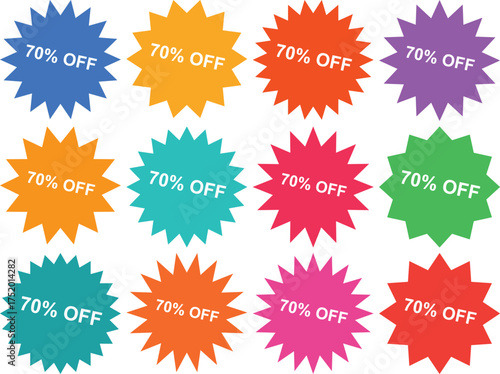 Colorful seventy percent off sale stickers for promotions isolated on transparent background