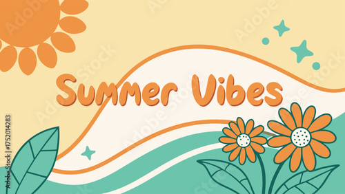 Summer vibes illustration with sun, flowers, and flowing lines for vibrant seasonal designs and cheerful marketing materials, originally from vector art