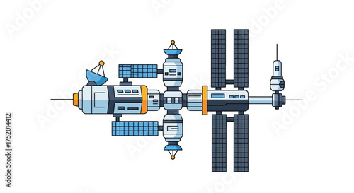 Depiction of a futuristic cartoon space station, symbolizing space exploration and human endeavor