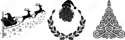 Christmas vector illustration set, Santa sleigh silhouette, festive wreath design, ornate holiday tree artwork, black and white seasonal icons, decorative celebration pack