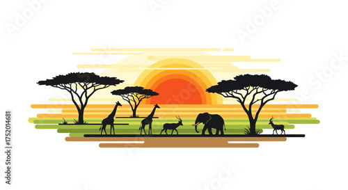 Savanna sunset silhouettes: a graphic illustration of African wildlife at dusk evoking wanderlust