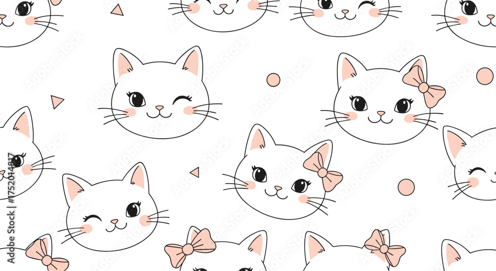 Fototapeta premium Cute cartoon white cats with pink accents and bows on a white background.