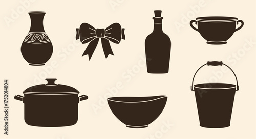 A collection of various household items including a vase a bow a bottle a pot a bowl a bucket and a serving dish.