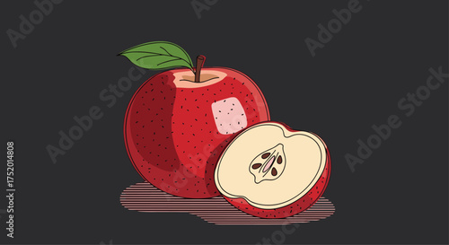 A vibrant red apple with a single leaf sits next to a sliced apple revealing its seeds.