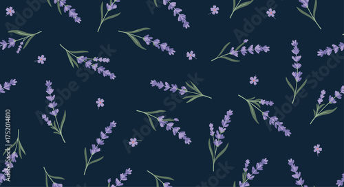 A beautiful seamless pattern of purple lavender flowers scattered across a dark navy background.