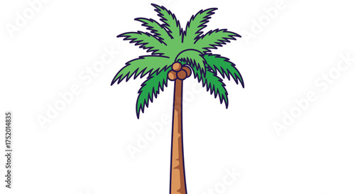 A tall slender palm tree with a cluster of green fronds and coconuts at its crown.
