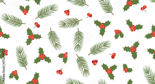 A delightful festive pattern featuring evergreen sprigs and holly berries.
