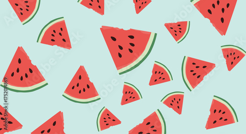 A refreshing pattern of numerous small and large watermelon slices scattered across a light blue background.
