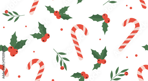 A charming festive pattern featuring candy canes and holly sprigs for holiday decorations.