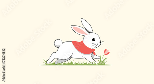 A cute white bunny wearing a red scarf hops through a field of green grass near a small pink flower.