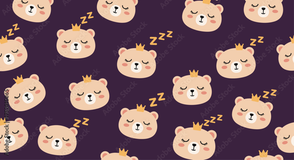 Fototapeta premium Adorable sleeping prince bears with crowns on a dark purple background.