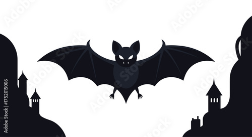 A spooky black bat flies over haunted castles on a moonless night.