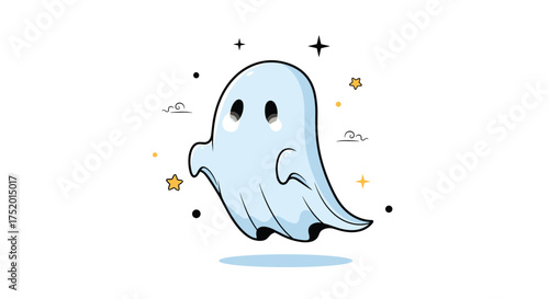 A cute cartoon ghost with big eyes floats among stars and sparkles.