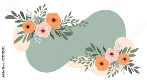 Abstract shapes with floral arrangements and delicate leaves in soft muted tones.