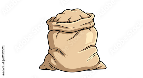 A burlap sack filled with a sandy material on a white background.
