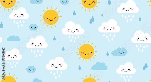 Cute sunny clouds and raindrops pattern illustration