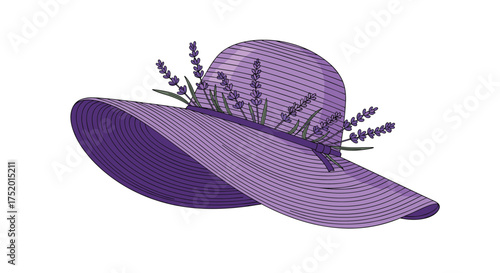 A fashionable purple wide-brimmed hat adorned with delicate lavender sprigs.