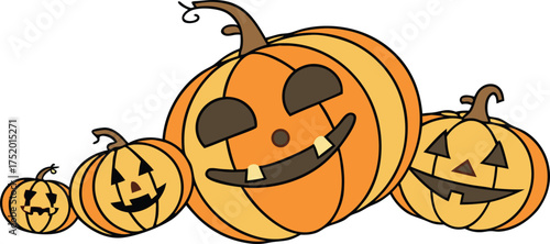 Adorable Halloween pumpkins grinning together, a cute group for spooky season celebrations and festive designs originally from scalable vector graphics