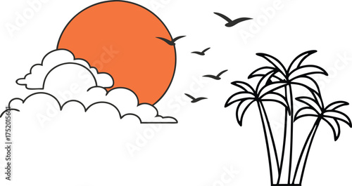 Tranquil sunset over palm trees with birds flying, evoking peaceful tropical vacation vibes, originally vector graphics for flexible design use