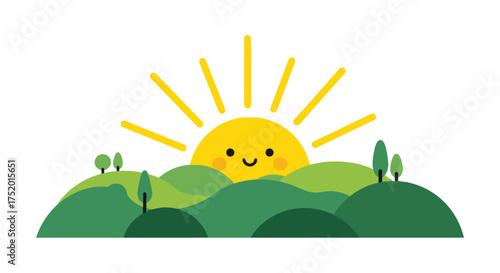 Whimsical sunrise scene with smiling sun over verdant rolling hills landscape illustration