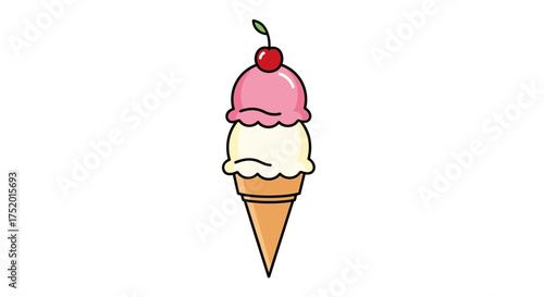 A delightful cartoon ice cream cone illustration with varied flavored scoops and topped with a
