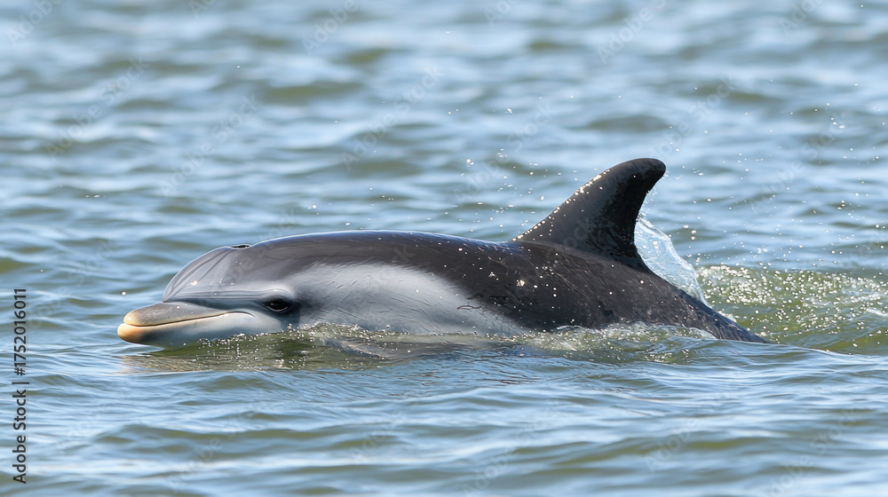 Fototapeta premium A dolphin with striking black and white markings surfaces in calm, rippling water
