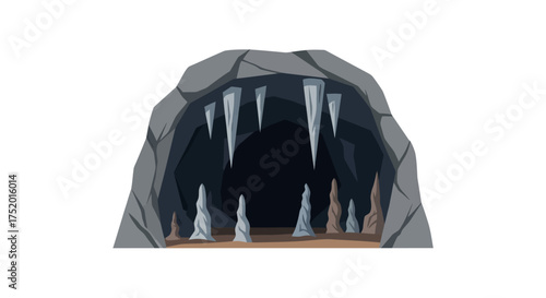Cartoon illustration depicting a dark rocky cave adorned with sharp icicles and stalagmites inside