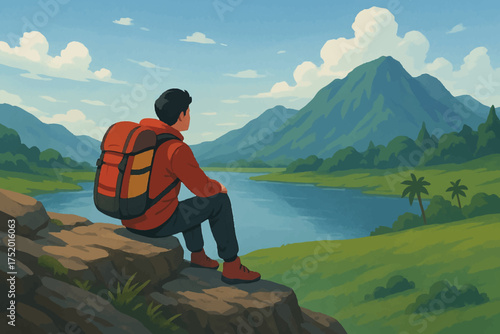 illustration Flat adventure background with mountains