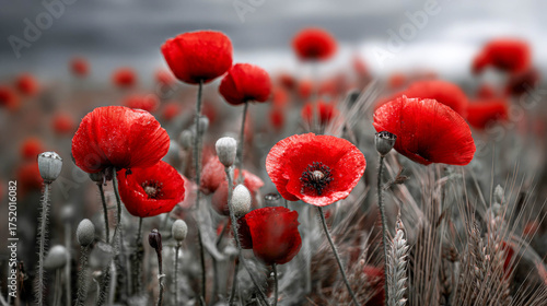 Many small vibrant red poppy flowers facing the viewer in a field under sunlight.