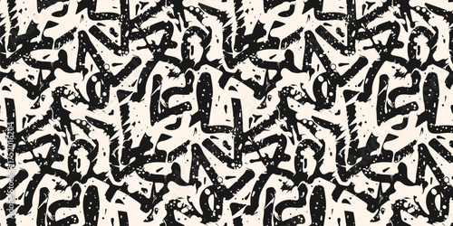 Graffiti seamless pattern. Vector abstract texture with paint splashes, chaotic shapes, strokes, dots. Funky ink spray grunge background. Urban sport art. Black and white endless camouflage design