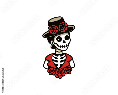 La Catrina Skull Illustration, Elegant Female Skeleton with Roses and Hat, Día de los Muertos Vector Design
