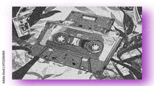 A detailed line art drawing sketch of a vintage cassette tape. The lines are clean and precise, capturing the iconic rectangular shape, the two circular reels with their visible tape