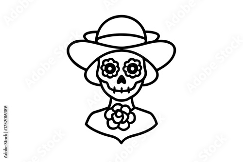 line art La Catrina Skull Illustration, Elegant Female Skeleton with Roses and Hat, Día de los Muertos Vector Design
