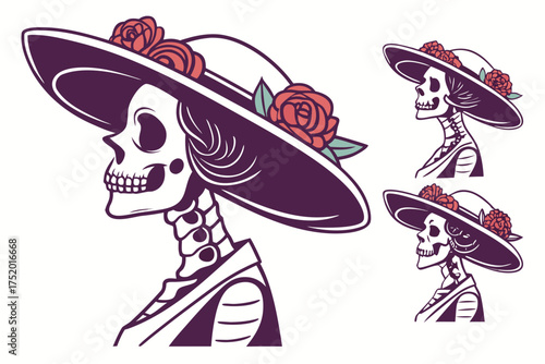 La Catrina Skull Illustration, Elegant Female Skeleton with Roses and Hat, Día de los Muertos Vector Design