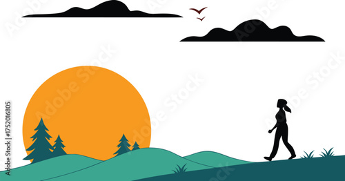 Woman walking in nature at sunrise, promoting wellness and active lifestyle, with a minimalist design perfect for outdoor brand campaigns