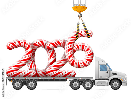 Crane loads New Year 2026 of candy stick. Big striped holiday candies year number in back of truck. Vector image for new years day, christmas, confection, new years eve, transportation, winter holiday