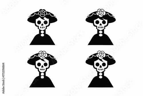 La Catrina Skull Illustration, Elegant Female Skeleton with Roses and Hat, Día de los Muertos Vector Design