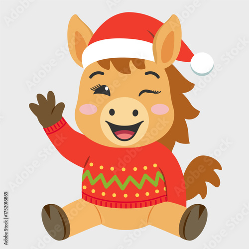 Cute baby horse wearing Santa hat. Cartoon chibi horse foal in christmas outfit waving hello. Little kawaii horse sitting and smiling. Vector image for childrens book, design of childrens products