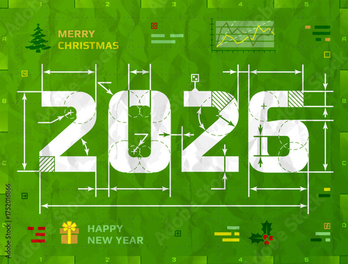 New Year 2026 as technical blueprint drawing. Drafting of 2026 on crumpled paper. Vector illustration for new years day, christmas, winter holiday, new years eve, engineering, silvester, etc