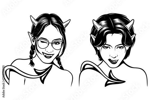 Devil Girls Portraits. Realistic black and white vector drawing in pin up style.