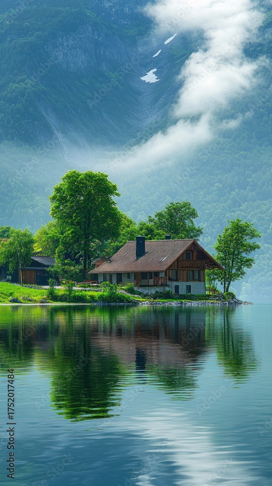 Fototapeta premium Lakeside house reflecting in calm water, mountains shrouded in mist backdrop