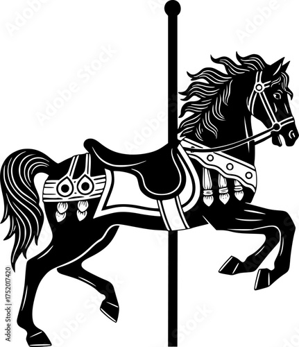 Carousel horse silhouette. This image shows a black silhouette of a carousel horse, also known as a merry-go-round horse or amusement ride horse. Vector clipart black illustration design