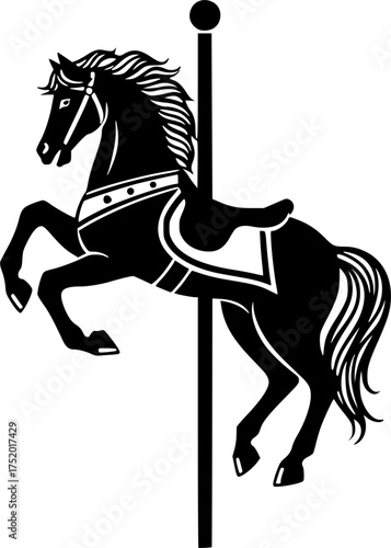 Carousel horse silhouette. This image shows a black silhouette of a carousel horse, also known as a merry-go-round horse or amusement ride horse. Vector clipart black illustration design