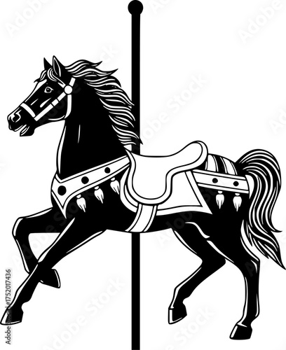 Carousel horse silhouette. This image shows a black silhouette of a carousel horse, also known as a merry-go-round horse or amusement ride horse. Vector clipart black illustration design